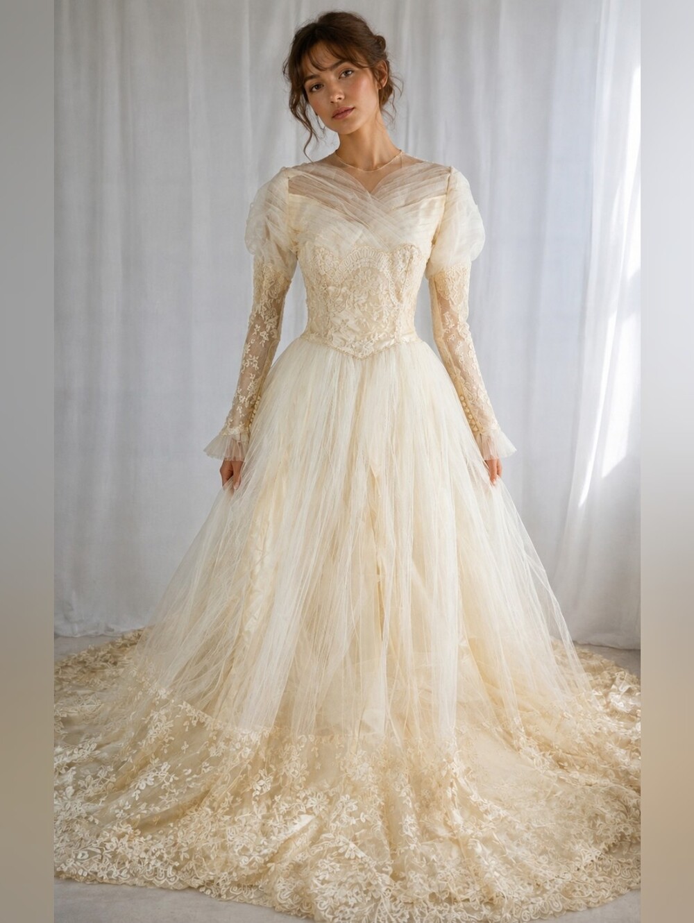 Vintage 1950s Lace Tulle Wedding Dress Illusion Neck Train XS Bridal